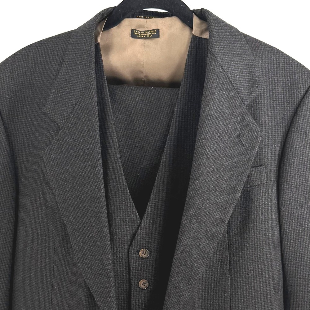 Vtg Oscar de la Renta 3pc Gray Wool Micro Check 40S Sport Coat Vest 34W Pants
